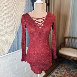 Dreagal Red Heathered Ribbed Zip Back Sweater Tunic